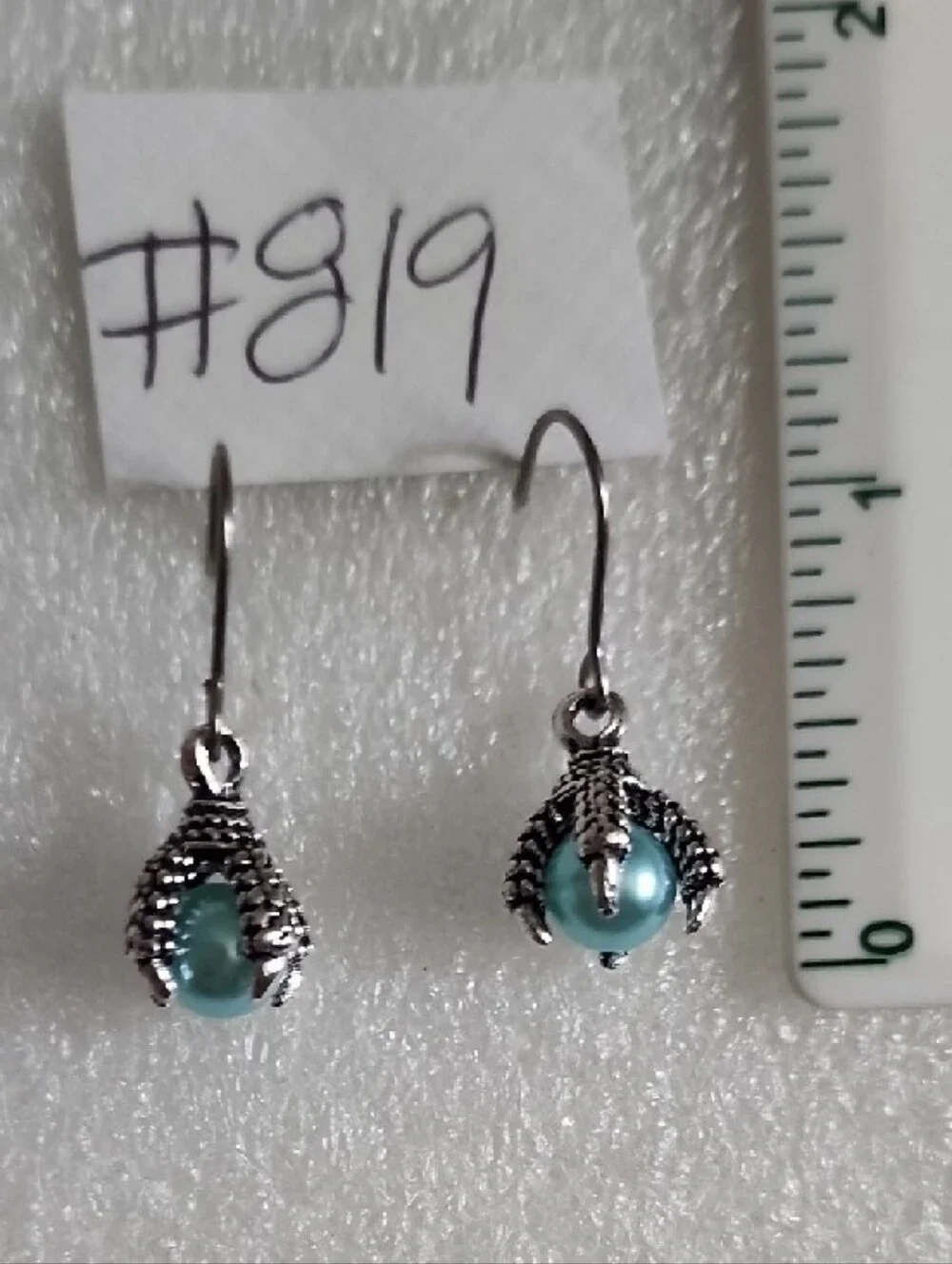 Silver Dragon Claw Drop Earrings with Teal Pearl Accent